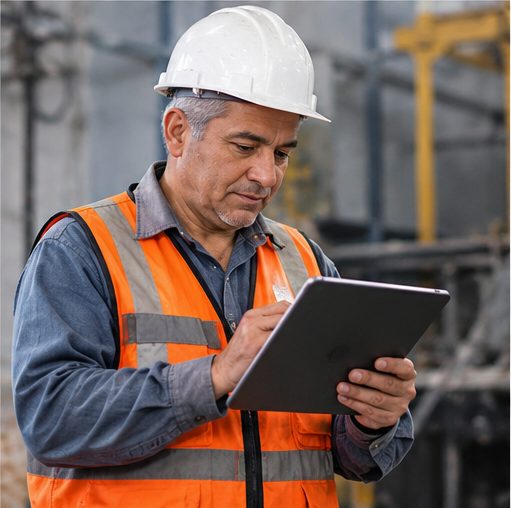 Encargado de operaciones revisando una tablet en planta