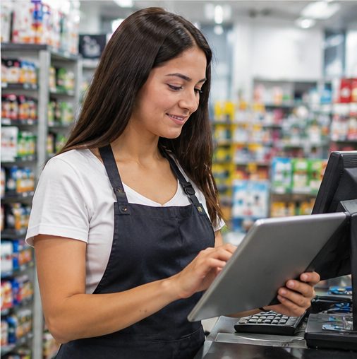 Vendedora revisando una tablet en la caja del minimarket