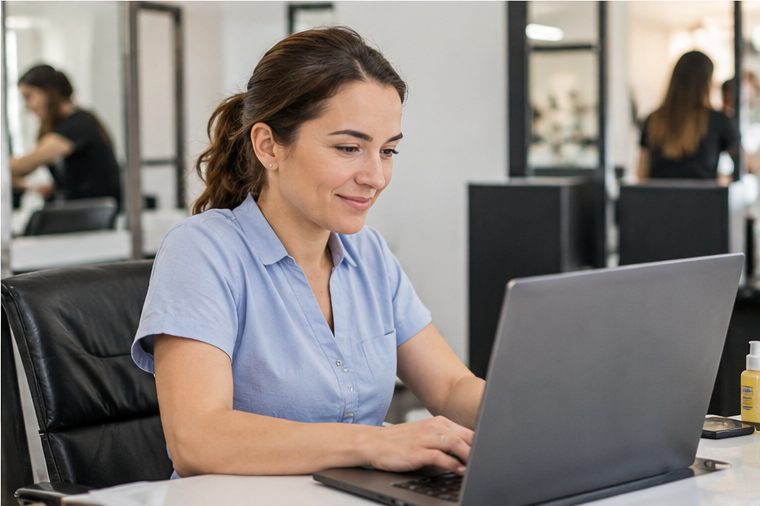 Recepcionista de una peluquería trabajando en un notebook