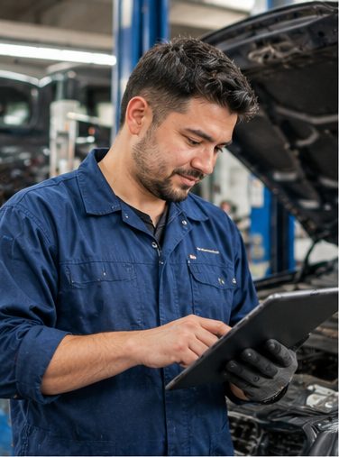 Mecánico revisando una tablet junto a un motor